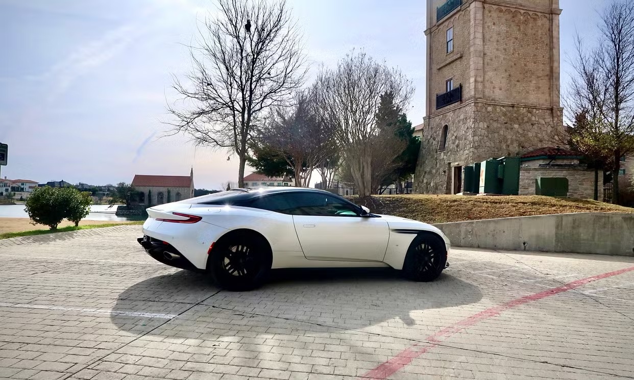 White Aston Martin DB11 available for wedding getaway car rental in DFW